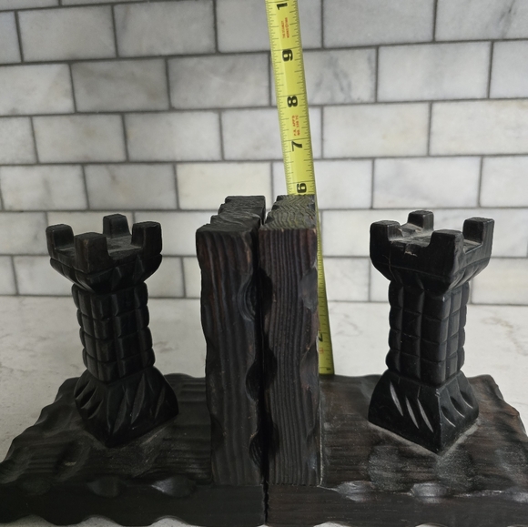 Vintage 70s Spanish Carved Wood Castle Bookends - Picture 7 of 8